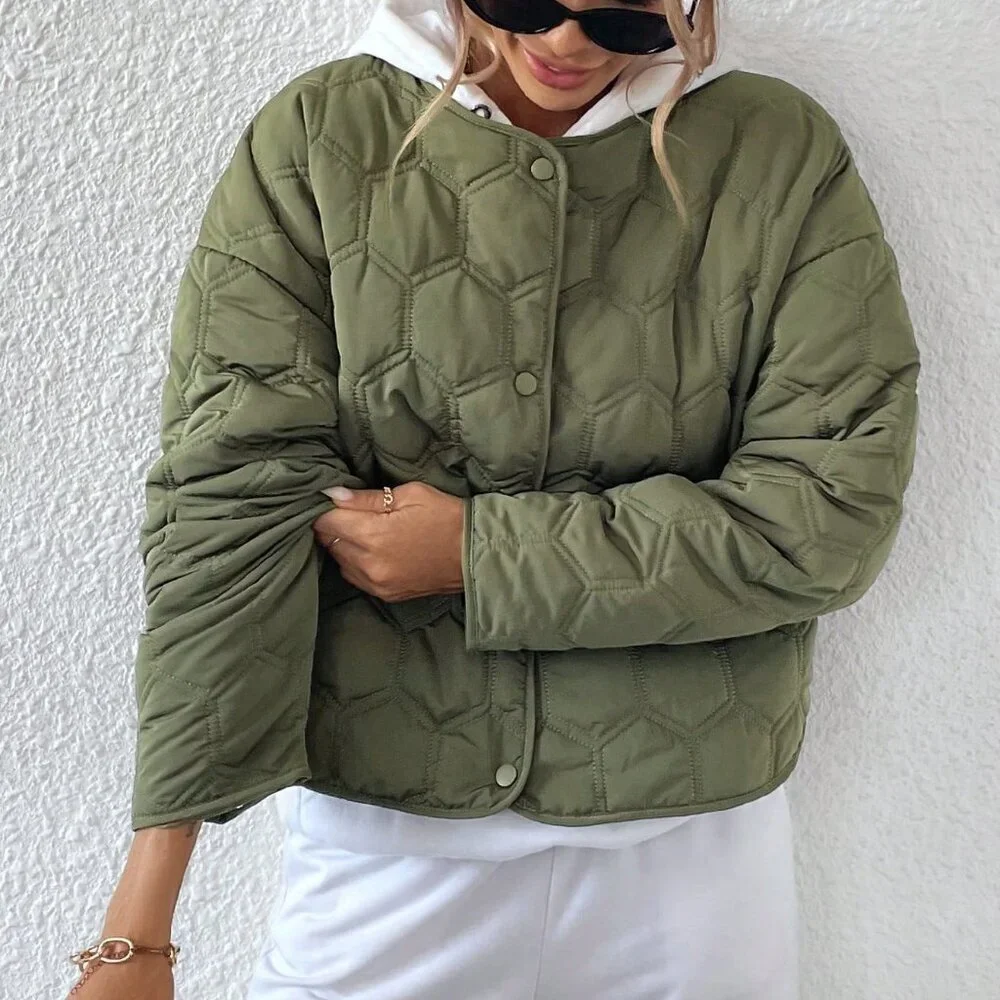 Army Green Casual Women's Geometric Insulated Coat Jacket